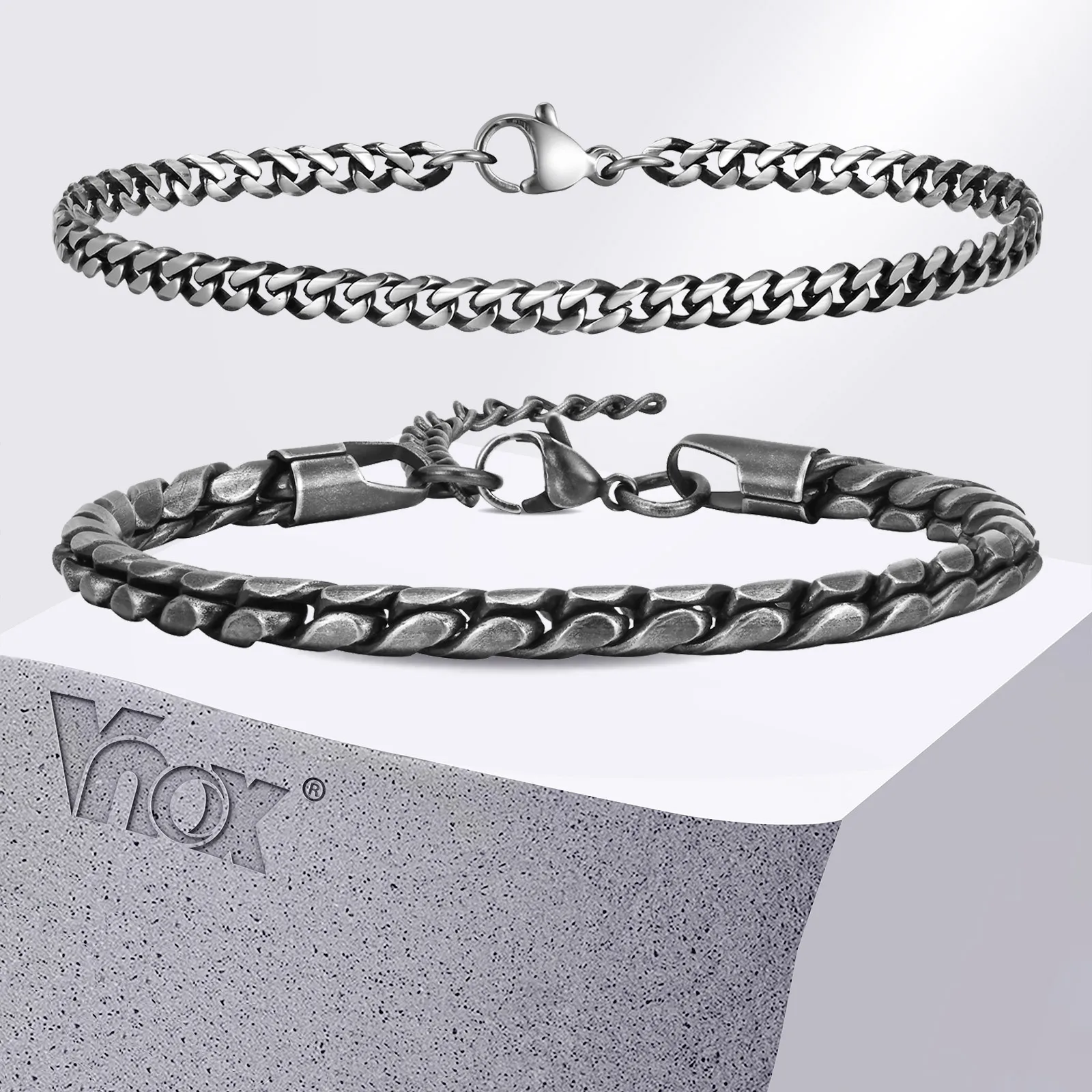 Vnox Oxidized Vintage Stainless Steel Bracelets Set for Men Boys,Antique Retro Metal Links Chain Bracelet,Simple Classic Jewelry