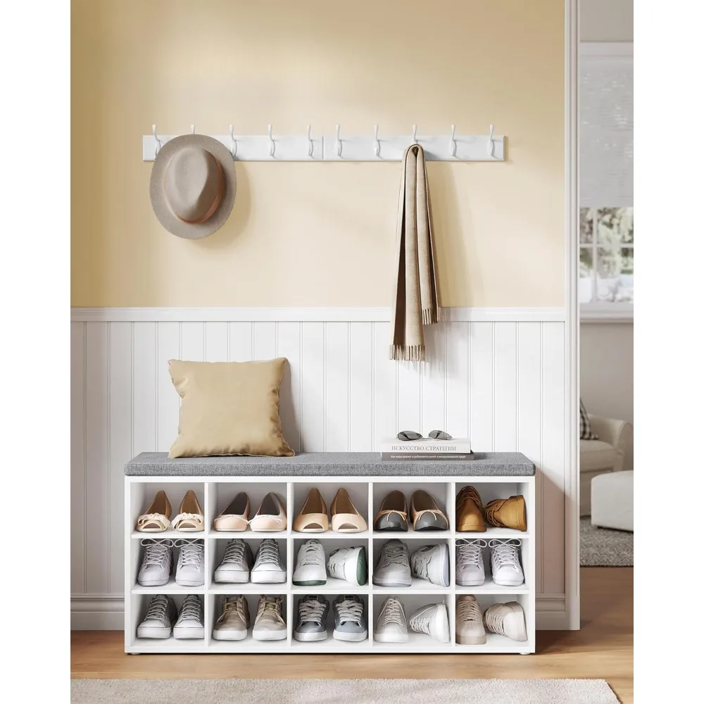 Shoe Bench with Cushion, Storage Bench with Padded Seat, Entryway Bench with 15 Compartments, 11.8 x 41.3 x 18.9 Inches