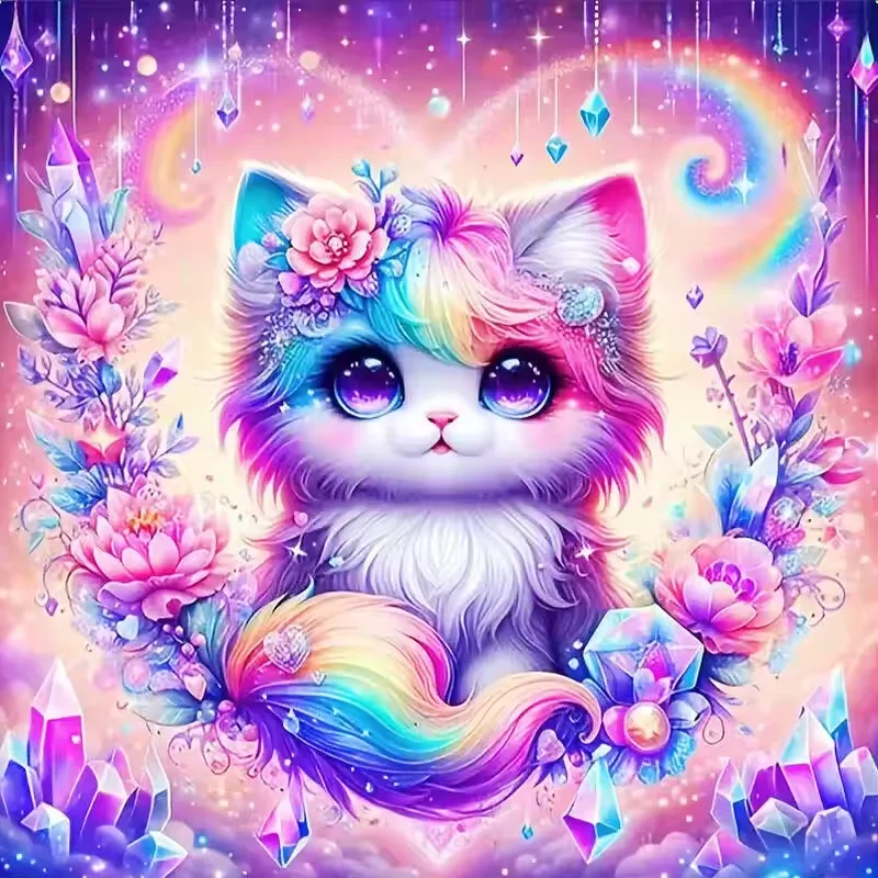 

RUOPOTY Full Square/Round Diamond Painting Colorful Cat Embroidery Cross Stitch Animal Rhinestones Full Round Mosaic Decoration