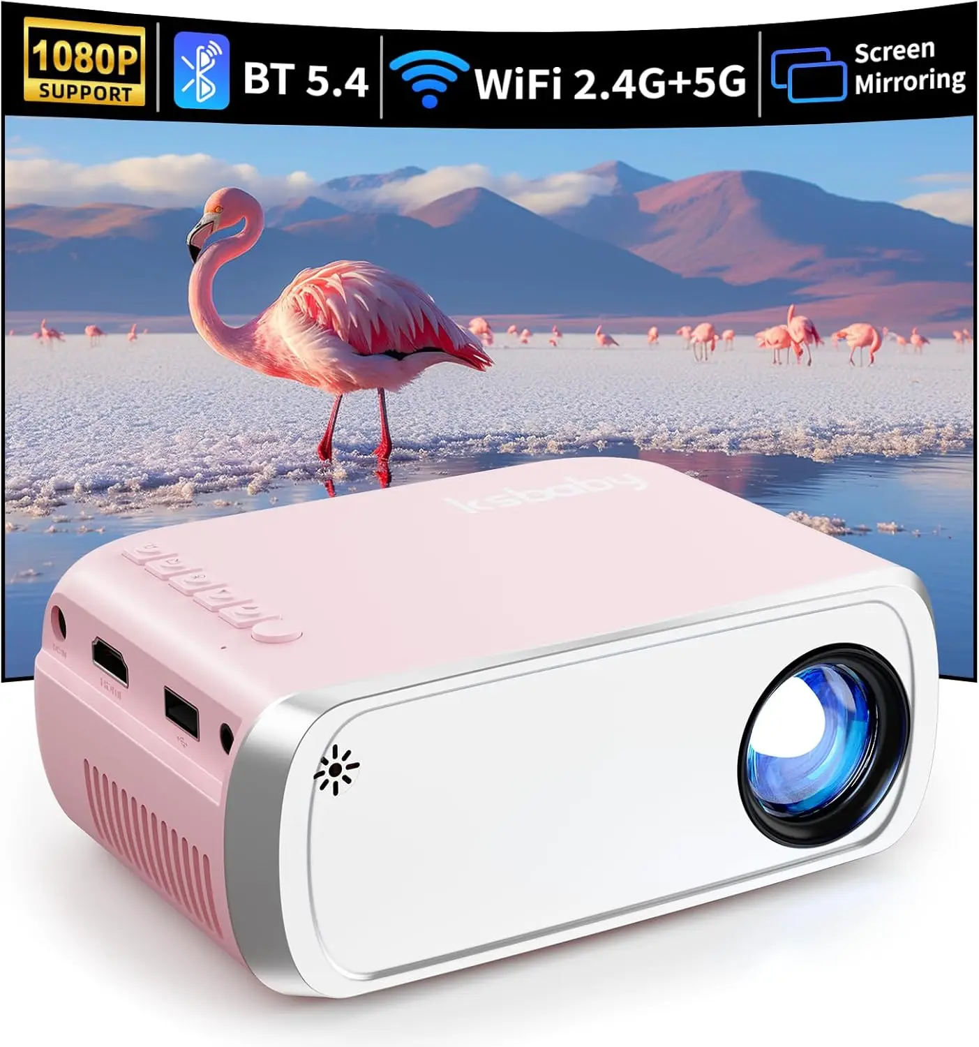 Portable Mini Projector with WiFi, HDMI & USB, Compatible iOS/Android/TV Stick, Pink