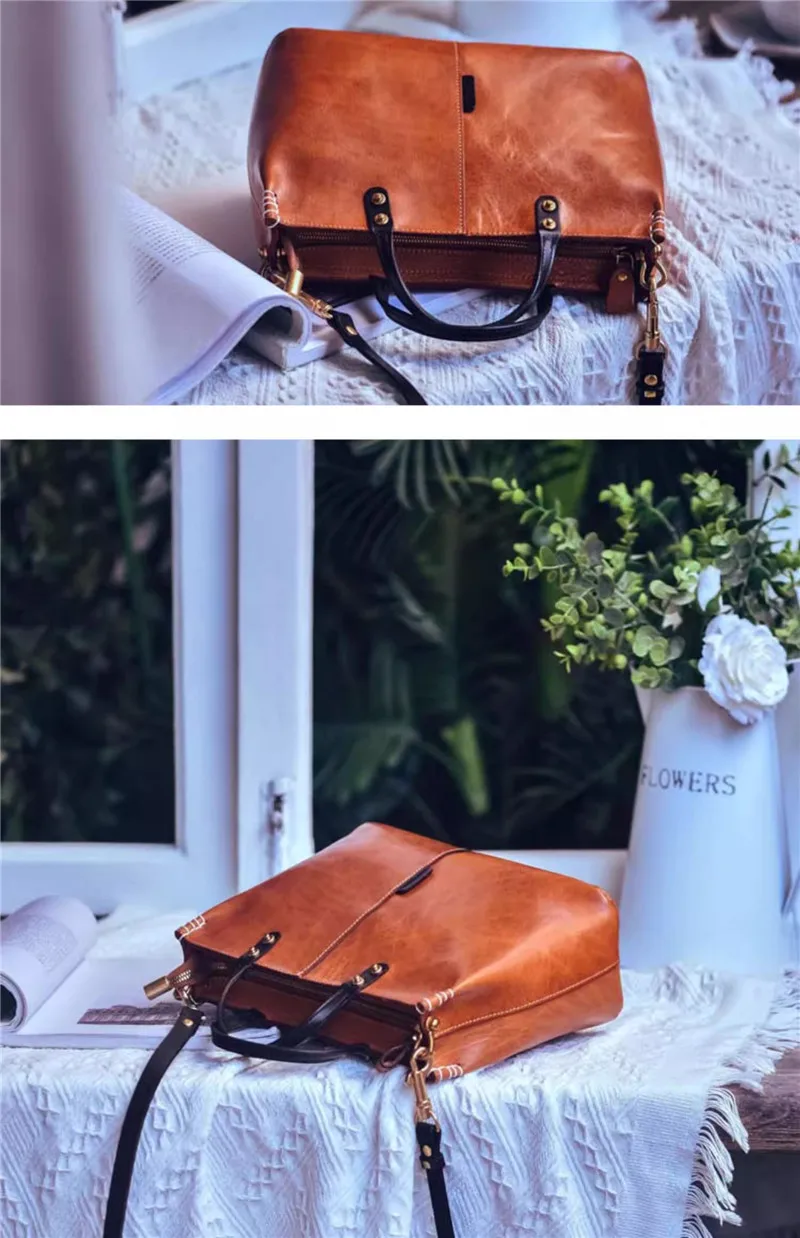 Fashion designers handmade genuine leather women's handbag vintage casual luxury first layer cowhide female crossbody bag image 5