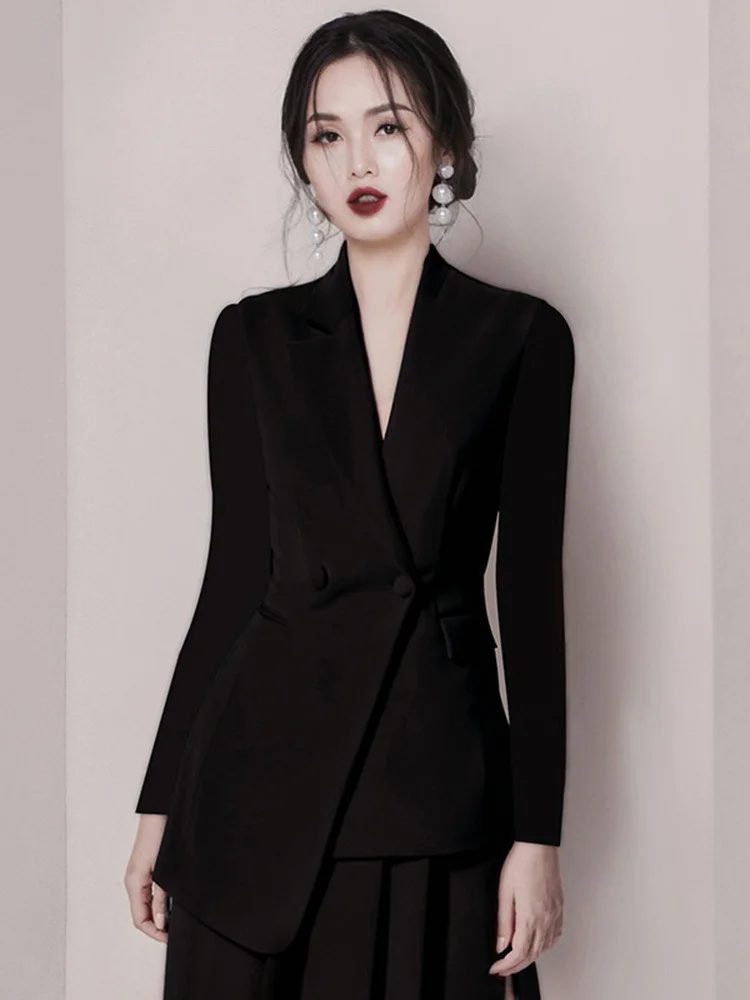 DEAT 2024 Autumn Women Blazer 2 Piece Set Banquet Party Full Sleeve Irregular Hem Coat + Split High Waist Skirt Fashion 15KB1560