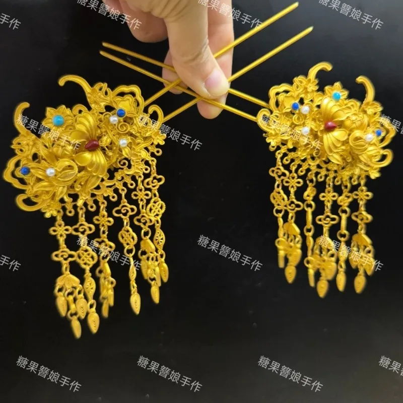 

Новая винтажная заколка для волос с кисточкой и цветочным принтом, позолоченная заколка для волос в дворцовом стиле, украшение для волос ручной работы для женщин, традиционный свадебный подарок