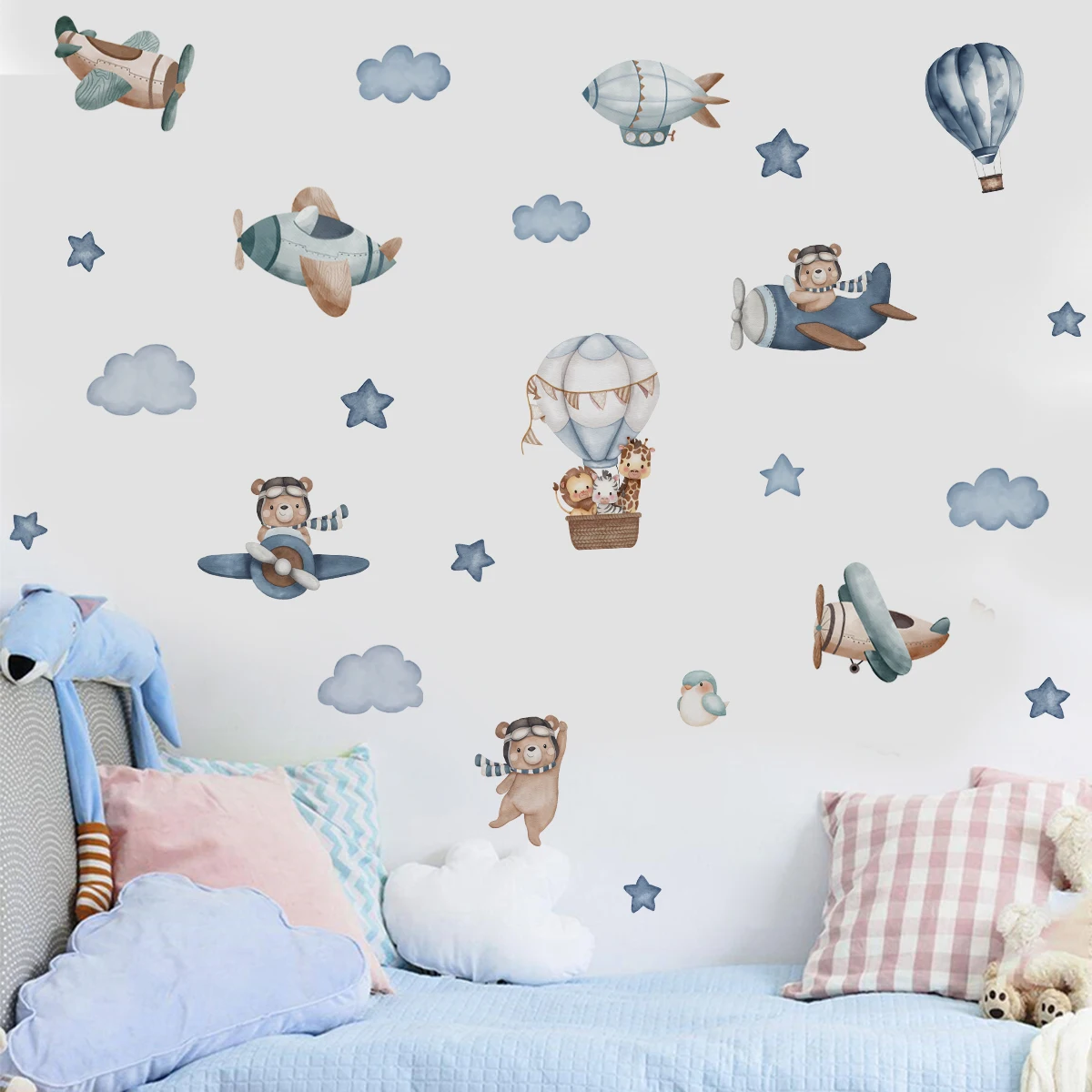 Watercolor Animals Hot Air Balloon Clouds Wall Stickers for Kids Room Baby Nursery Room Wall Decals Boy Room Stickers Wall Decal view 2