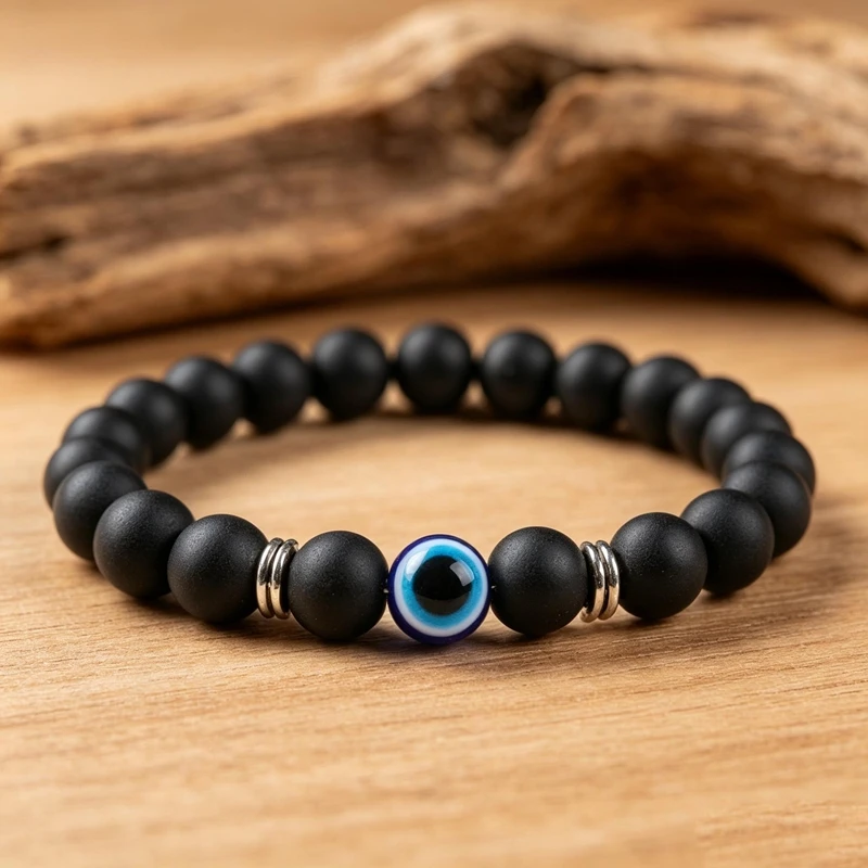 Black Evil Eye Beaded Bracelet Synthetic Imperial Jasper Cat Eye Stone 8mm Charm Jewelry for Women Men Natural Unisex Stone Gift