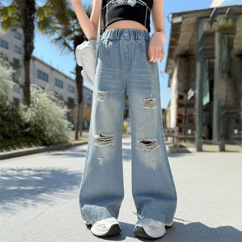 Girls Trendy Ripped Straight Leg Jeans High Waist Loose Wide Leg Casual Denim Pants Slimming Design Spring Summer
