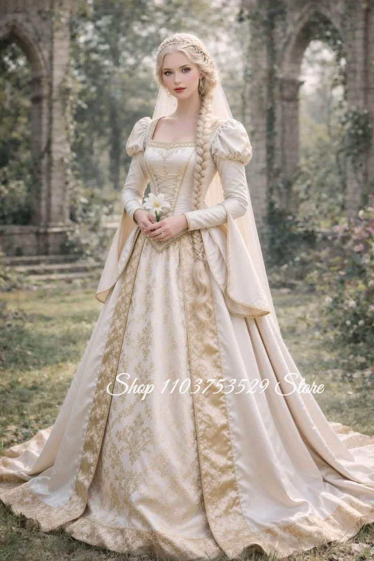 Customized Champagne Gold Renaissance Wedding Gown Tudor Square Neck Puff Sleeve Jacquard Full Train Vintage Bridal Party Dress