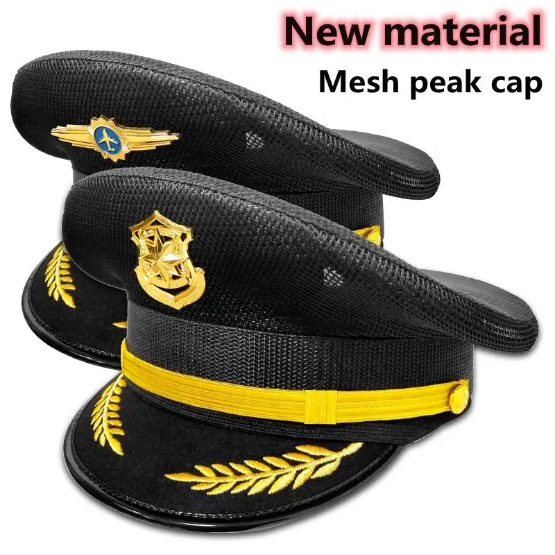 Unisex Summer Officer Mesh Black Security Hat Peaked Cap Protocol Etiquette Hat Breathable Performance Aviation Captain Headgear