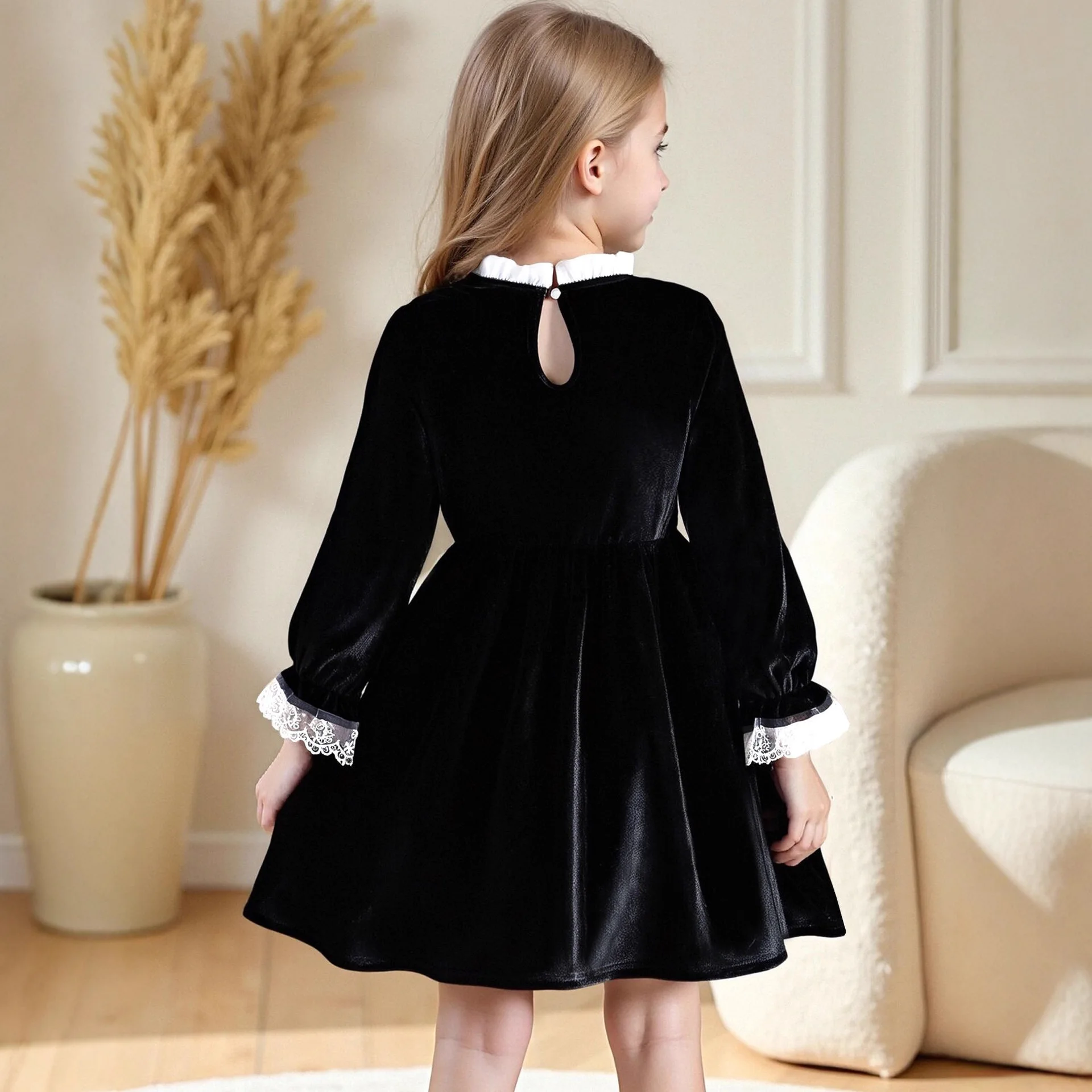 Elegant dress for girls featuring lace stand collar and exquisite lace patchwork design with a three-dimensional butterfly dress