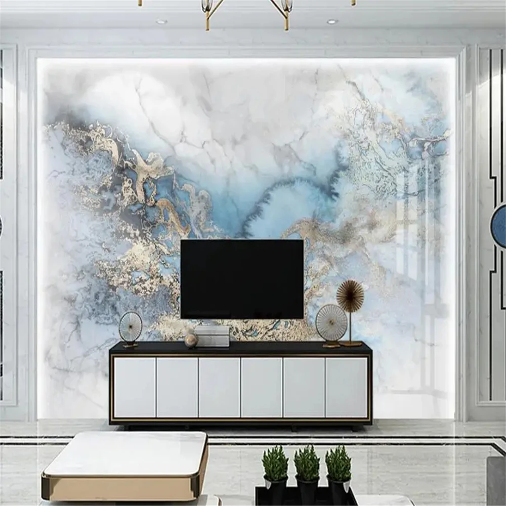 custom 3d tile blue gold marble wallpaper light luxury microcrystalline tv background art Blue Marble wall paper home decoration