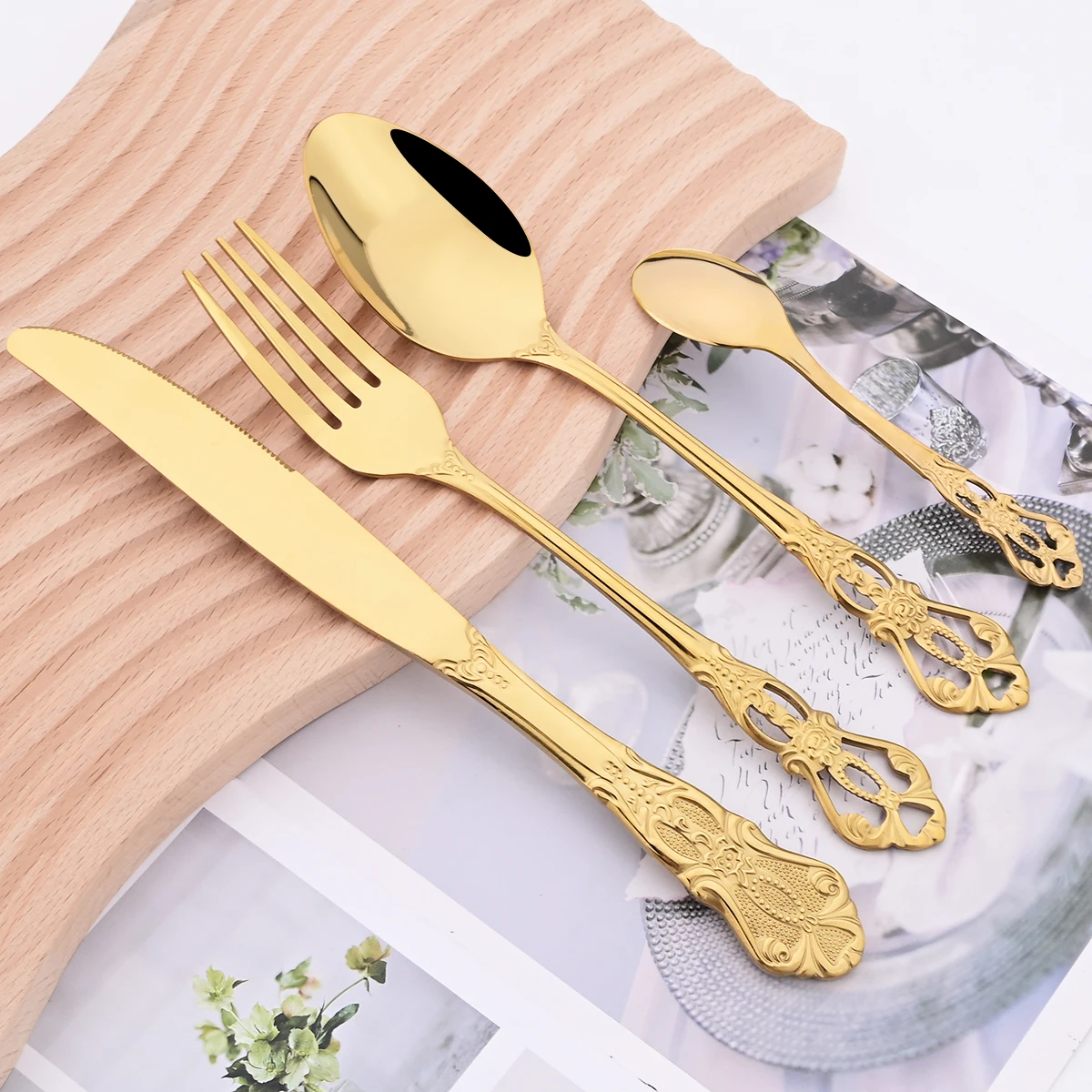 Mirror 24Pcs Vintage Dinnerware Set Stainless Steel Cutlery Set Knives Fork Teaspoon Tableware Kitchen Flatware Silverware Set