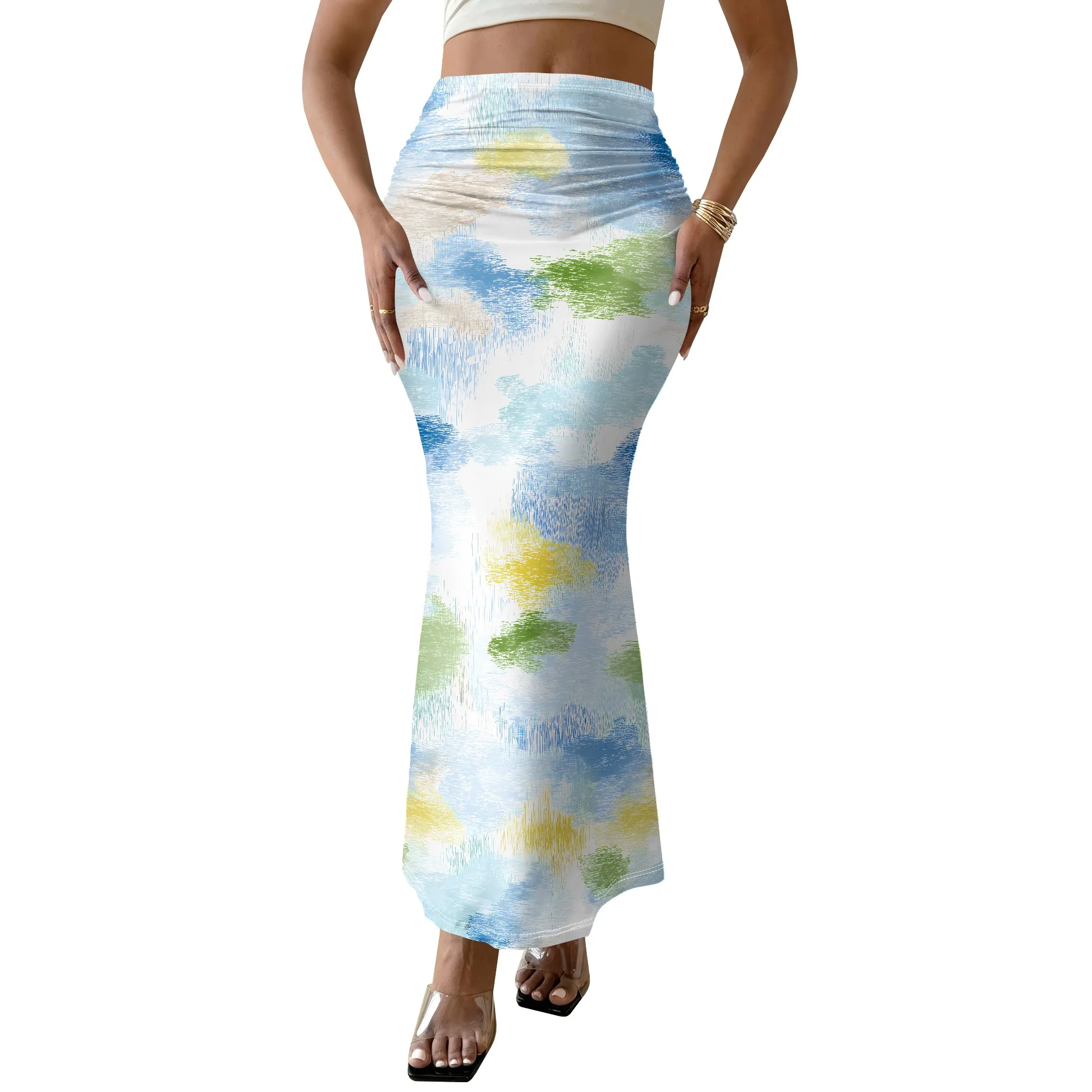 Abstract Watercolor Print Skirt Pastel Cloud Pattern Maxi Skirt Elastic Waist Mermaid Skirt for Women Summer Beach Vacation Wear