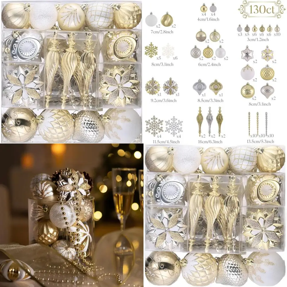 

Небьющиеся рождественские украшения из белого и золота 130 карат, элегантные подвесные шары для декора праздника и вечеринки