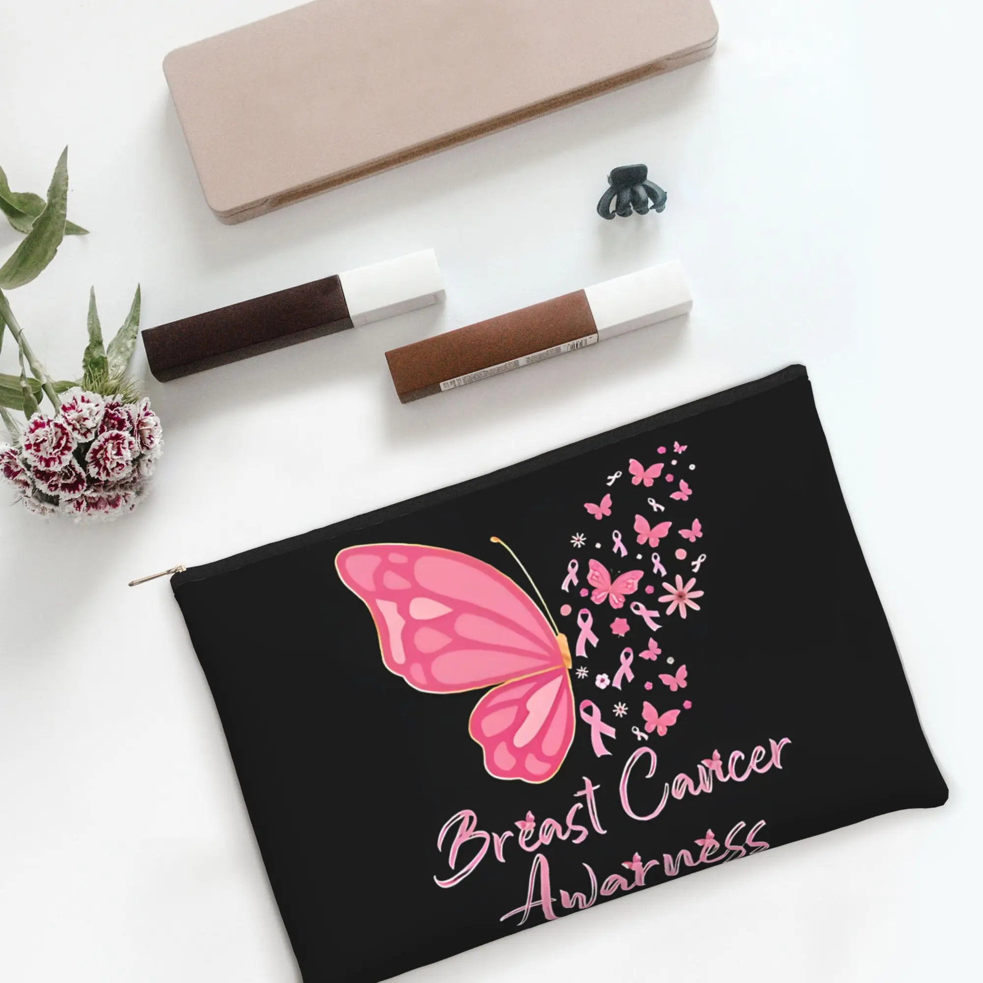 Foldable Cute pouch Breast Cancer Butterflies Survival Ribbon Makeup Bag  Toiletry Bag with Zipper