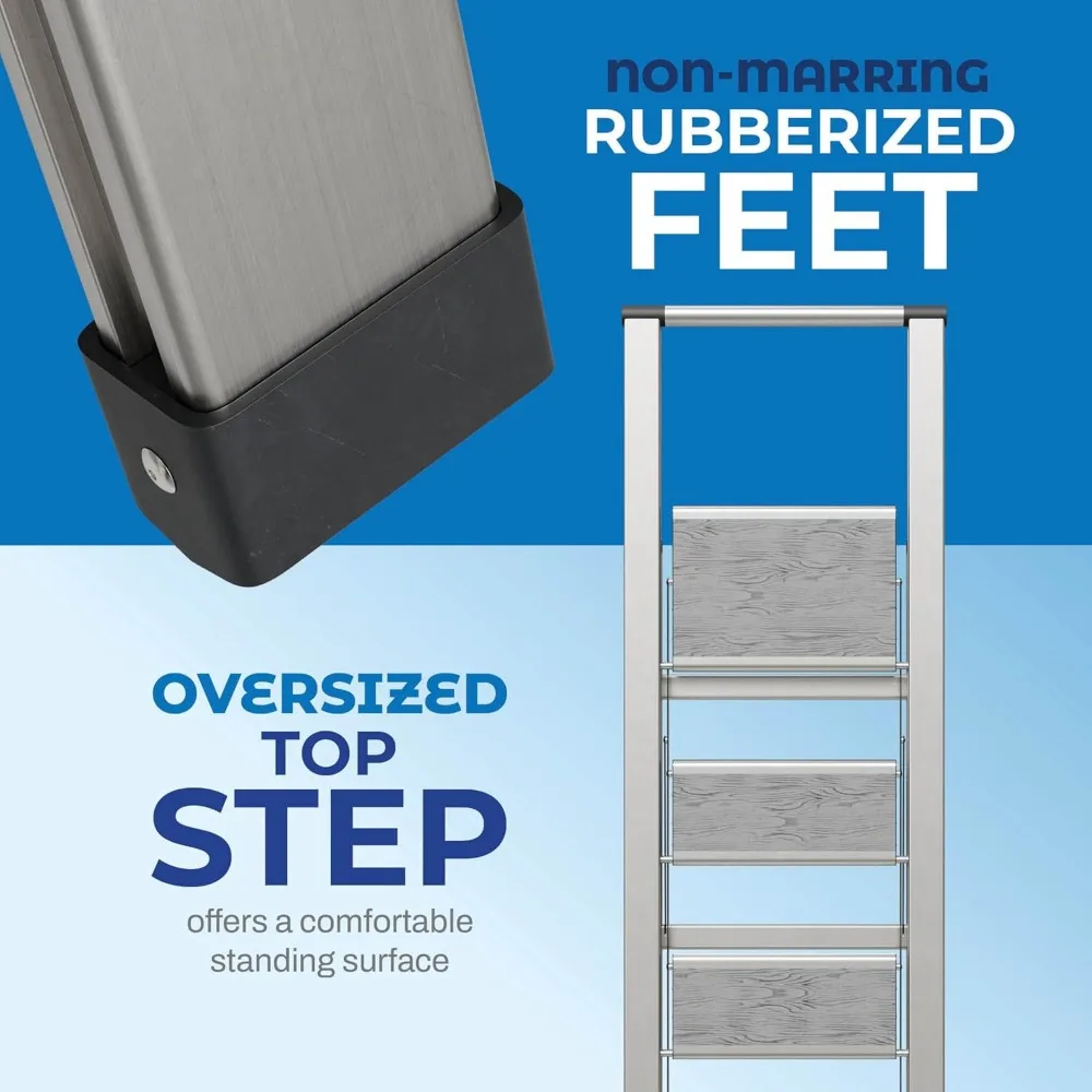 سلم قابل للطي بأربعة خطوات - خشب رمادي وألومنيوم فضي أنيق، تصميم نحيف، معالجات مضادة للانزلاق، متينة ومحمولة، مثالية للحمل