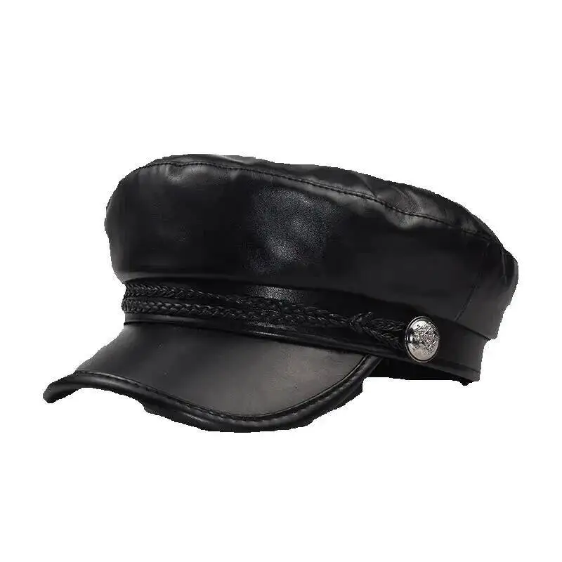 

Newsboy Hats and Caps Women's Octagonal Hat Women's Autumn Winter PU Leather Artistic Octagonal Pumpkin Painter Hat Korean