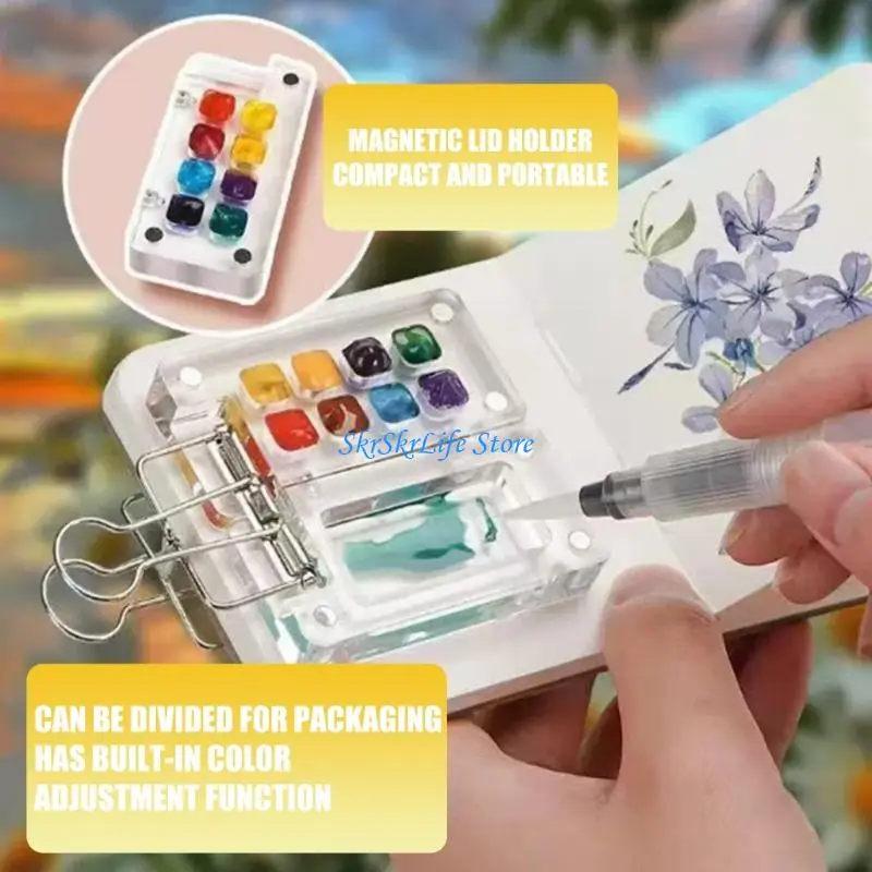 E65E 2Pcs 구아슈 오일 수채화 아크릴 페인트용 8웰 자기 아크릴 페인트 상자