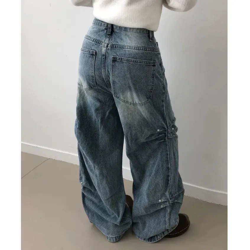 Casual Wide Leg Pants Asymmetrical High Waist Jeans Loose Fit Drapey Knife  Workwear Style Long Trousers for Women