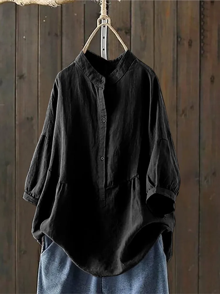 

Casual Black White Shirt Lady Fashion Three Quarter Button Pullover Loose Shirts Tops For Women Holiday Office Womens Clothing