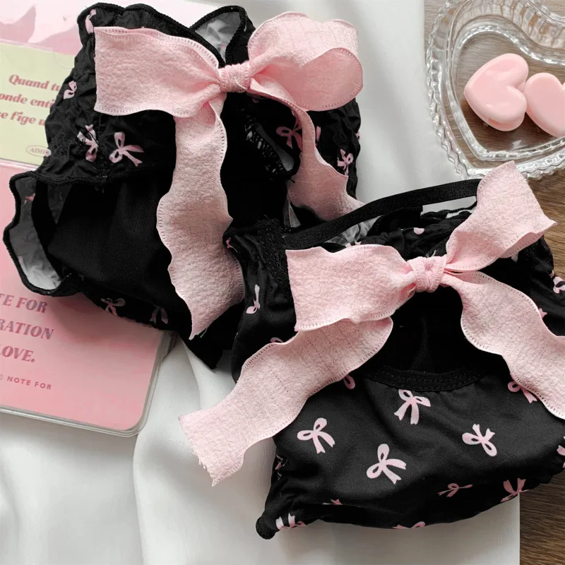 Women Milk Silk Bow Ruffle Fold Underwear Cute Lovely Sweety Panties Princess Style High Stretch Breathable Soft Breifs