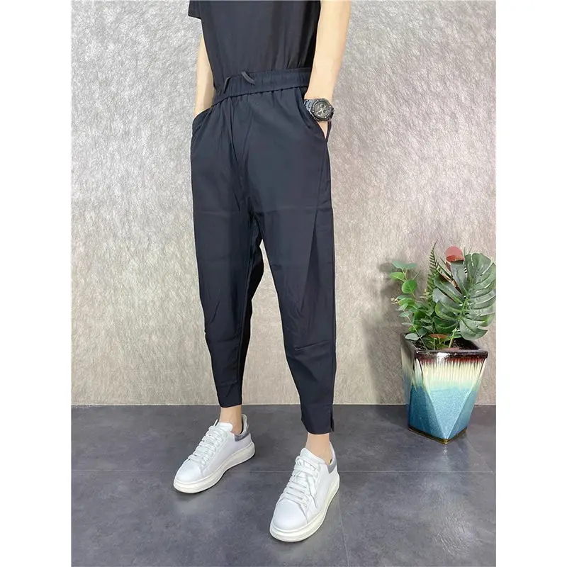 Ice silk trendy brand harem pants men's summer thin style 2025 new trendy versatile loose tying feet nine-point casual pants