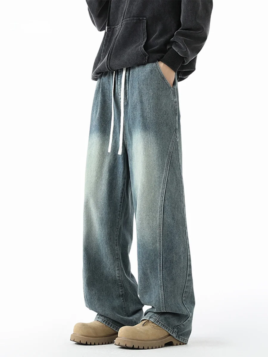 

Retro American Denim Jeans Men's Autumn Winter Washed Outdated Elastic Waist Straight Leg Long Pants Knife Blade Design Casua...
