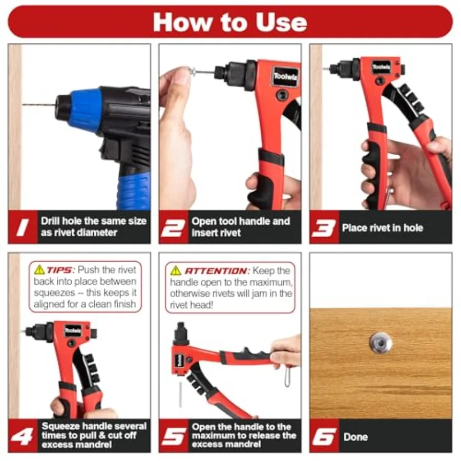 헤비 듀티 원핸드 리벳 건 키트 (리벳 200개, 공구 없이 교체 가능한 헤드 4개, 금속 및 목재용 드릴 비트 4개 포함)