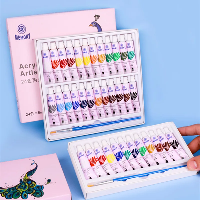 Acrylic Paint & Watercolor Set With Brush 12/24 Colors Pigment 5ml Kids Painting Kit For Beginner Students