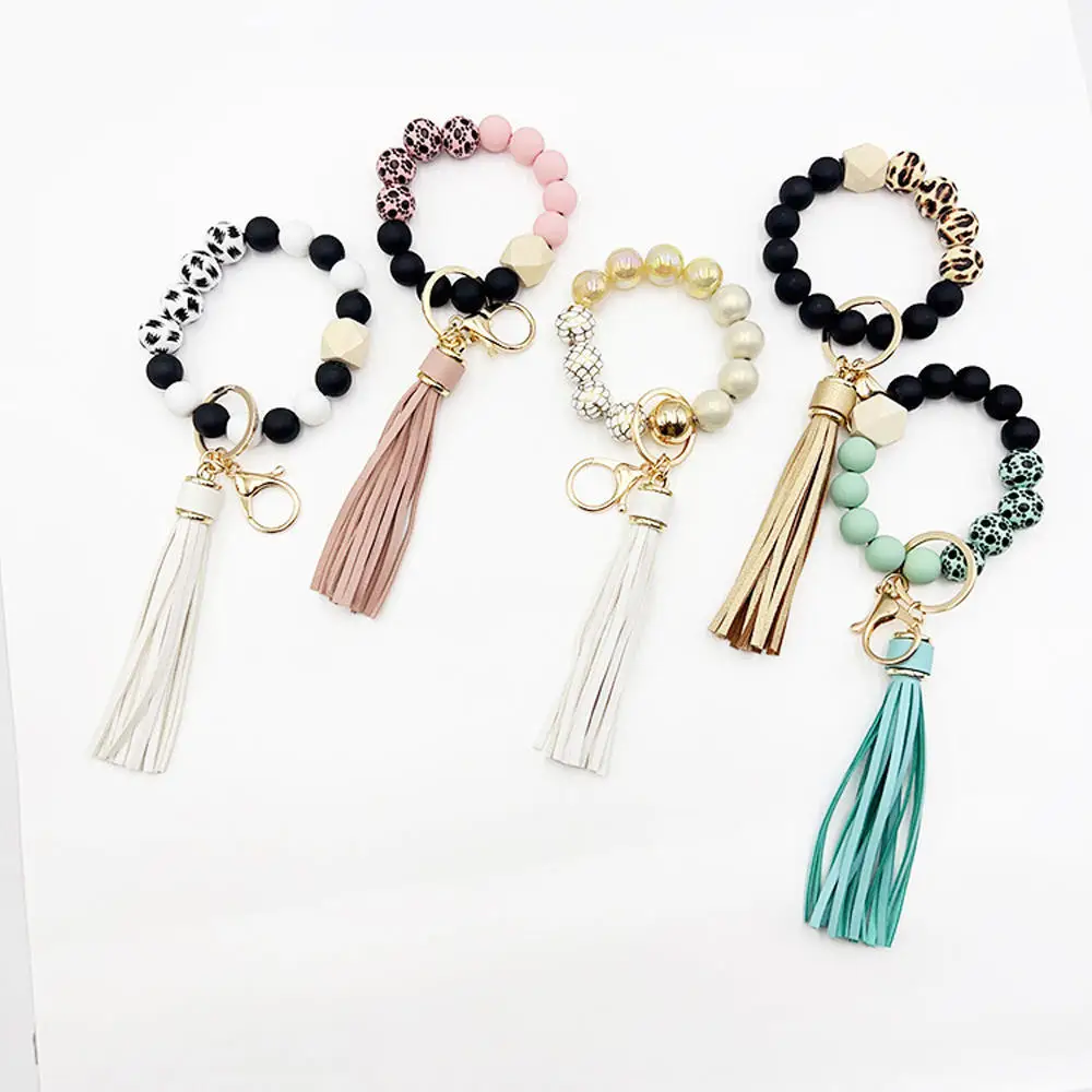 Silicone Bead Keychain Bracelet Key Ring Wristlet Key Chain For Women With Boho Tassel Bag Pendant Oatmeal