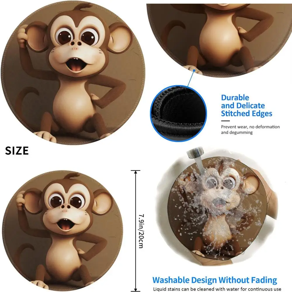 

Cute Monkey Design Round Gaming Mouse Pad with Stitched Edge and Anti-Slip Rubber Base