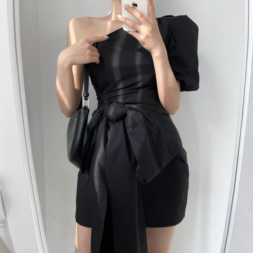 New Design Shoulder Bared  Knot Dress Women's Asymmetrical Korean Style Spring Autumn Winter Casual Online Exclusive