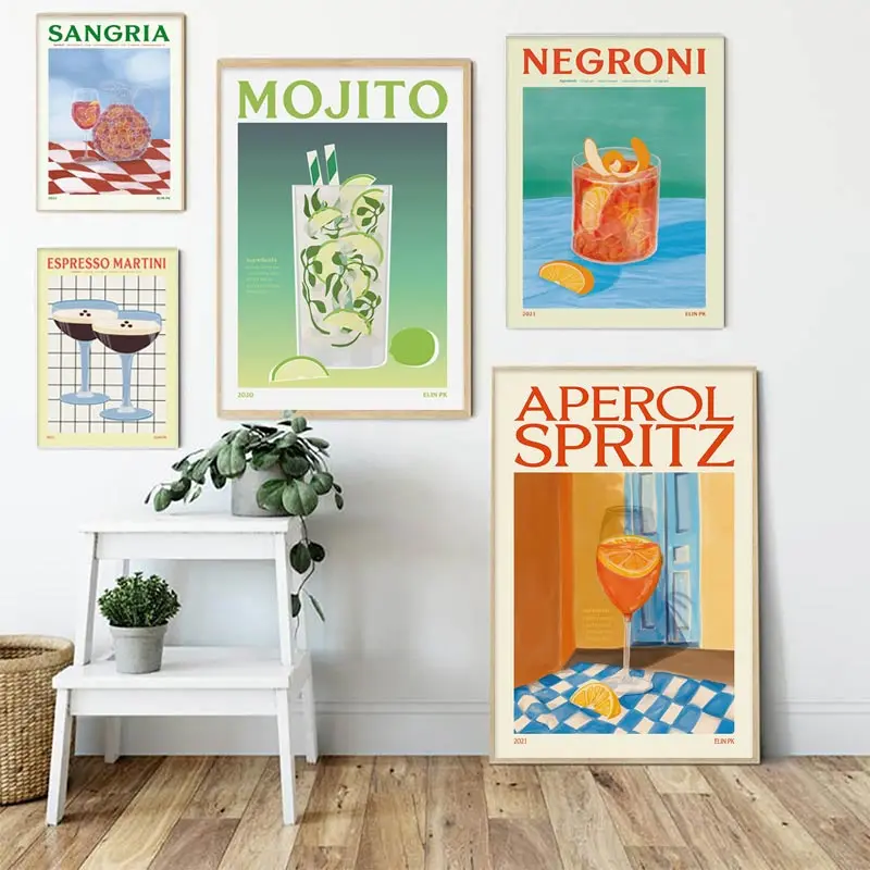 1PC frameless decorative art print,Cartoon Fruit Juice Mojito Aperol Spritz Posters and Print Sangria Drink Negroni Canvas Paint