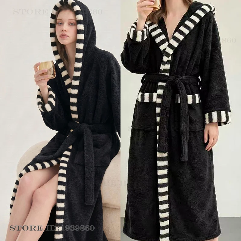 New Coral Fleece Hooded Long Robe Women's Sleepwear Autumn Winter Nightwear Home Clothes Thicken Warm Flannel Loungewear Pajama