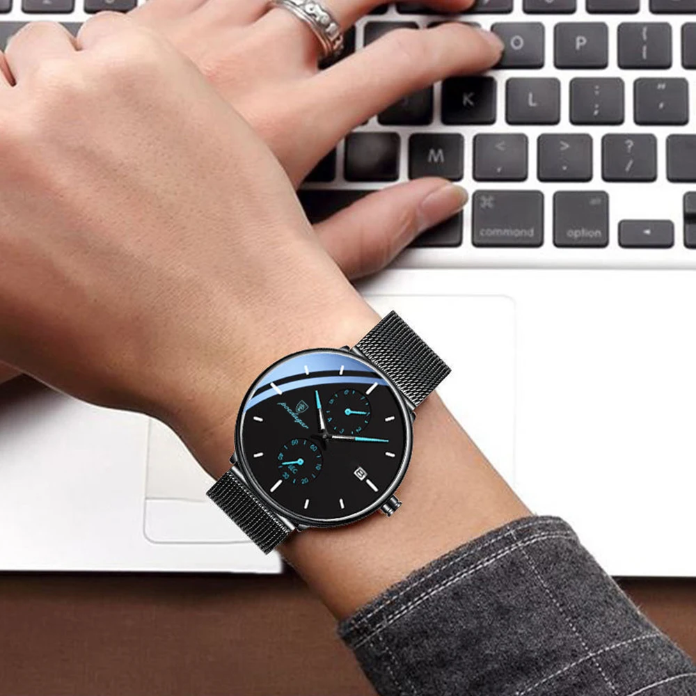 POEDAGAR ساعة رجالية عصرية فاخرة مقاومة للماء مضيئة تاريخ الأسبوع ساعة يد رياضية للرجال من الفولاذ المقاوم للصدأ ساعات كوارتز رجالية Reloj