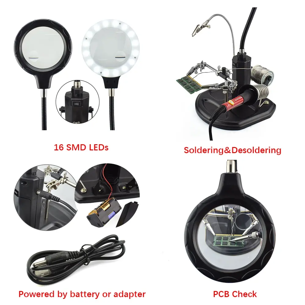 FEITA Helping Hands Soldering Magnifier Station LED Lighted 2.5X/4X Magnifying Glass Heavy Base with Stand Clamps For Soldering