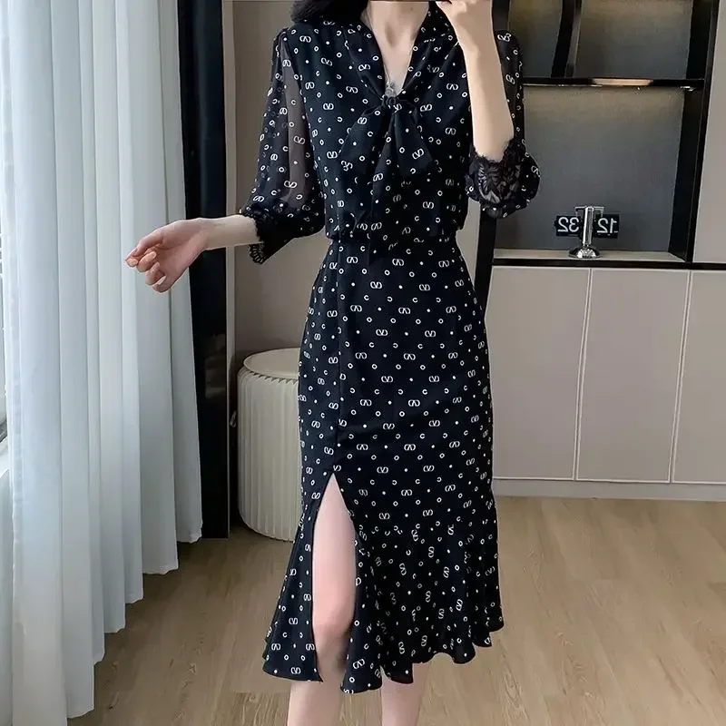 Koreanische Art Mode V-Ausschnitt abnehmen Frauen langen Rock gedruckt Chiffon Kleider neue Sommer Temperament lang ärmel igen Fischschwanz Kleid