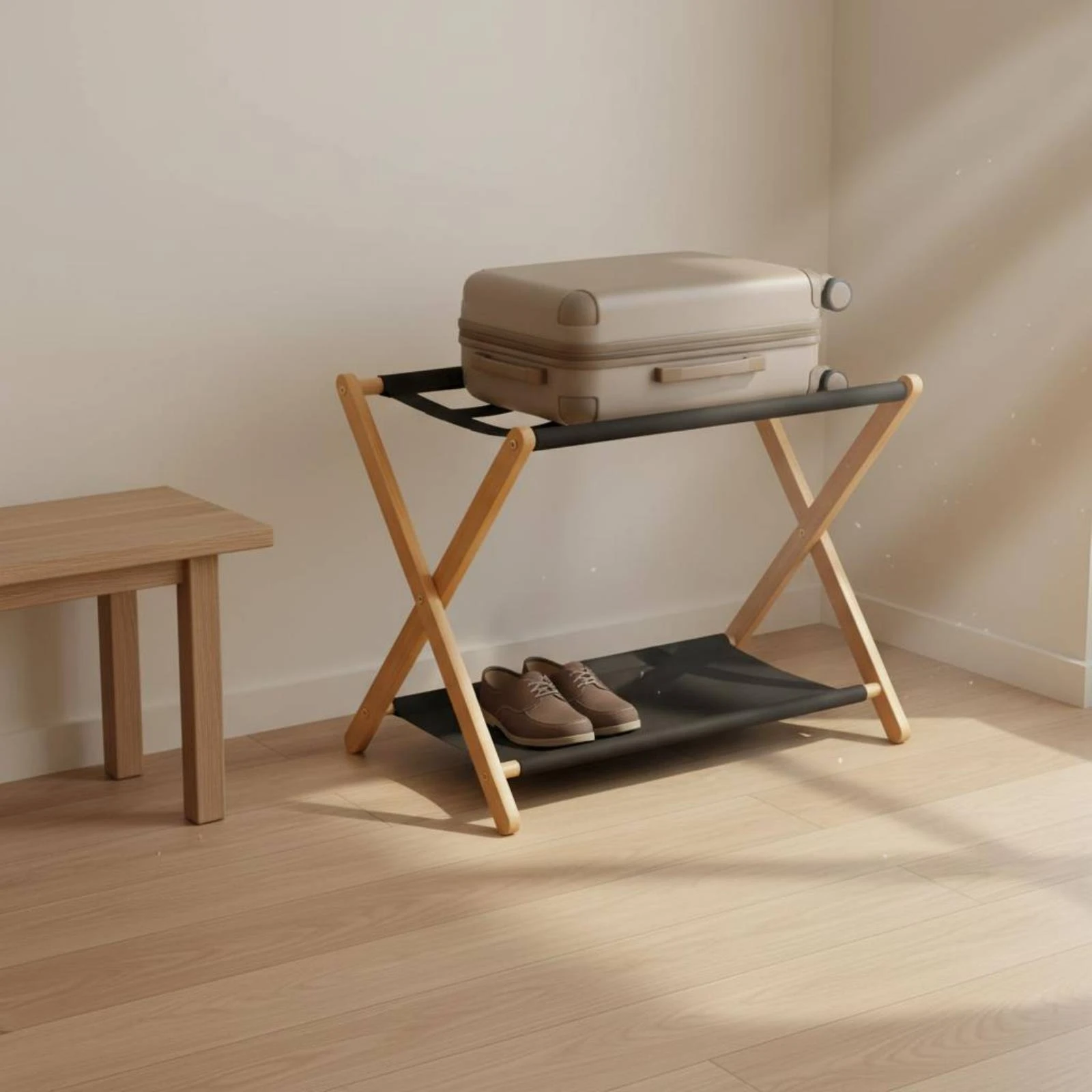Double Layer Luggage Rack Solid Wood Folding Luggage Rack Portable Multifunctional for Living Room, Bedroom