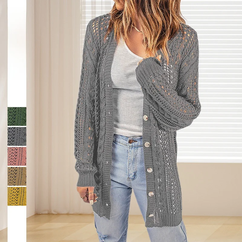 

Women's Knitted Hollowed-Out Cardigan Sweater Loose Medium-Length Solid Color Autumn Winter New Fashion Female Top