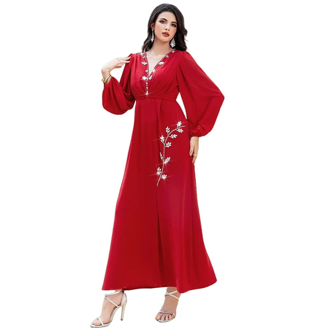 

Модное красное платье-абайя с глубоким V-образным вырезом и разрезом спереди, украшенное стразами, для мусульманок, кафтан для вечеринок и исламских мероприятий, Дубай, Ид, Рамадан