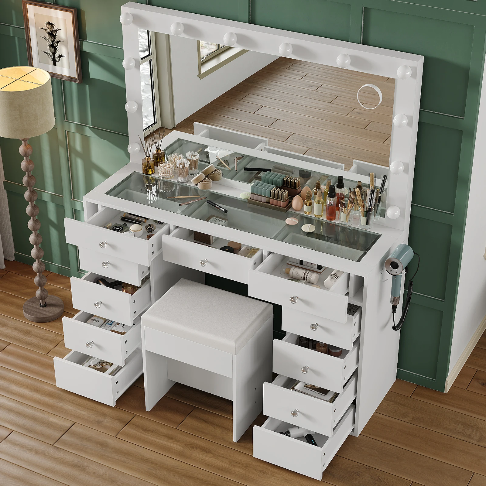 Farmhouse Vanity Table Set with LED Lighted Mirror, 3 Adjustable Brightness Levels, Multiple Storage Drawers & Open Shelves, Scratch-Resistant Tempered Glass Tabletop with USB Charging Port