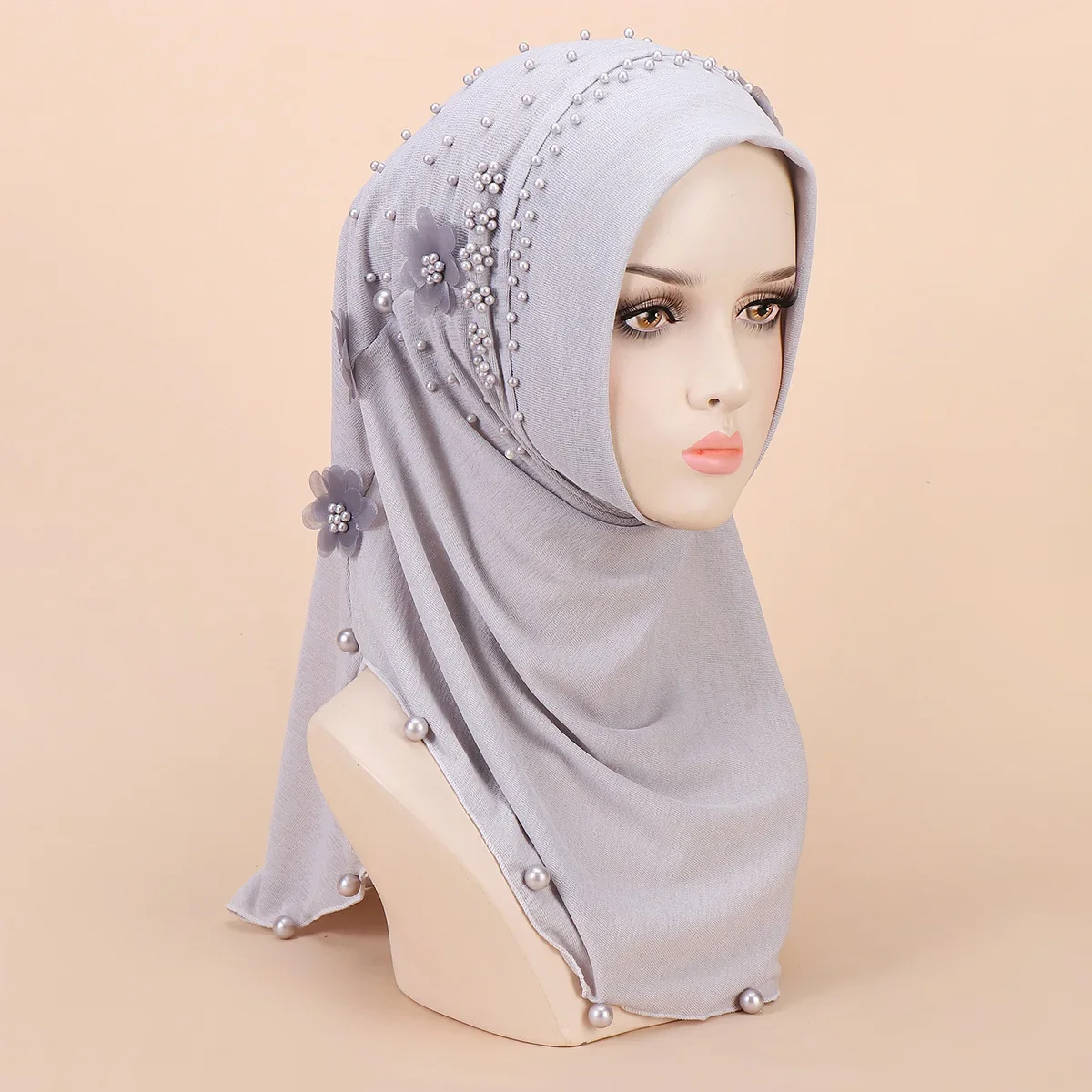 

New Solid Colour Beaded Simple Floral Women's Headscarf Floral Pattern Bottoming Cap Set Cap Muslim Women Shawl Temperament