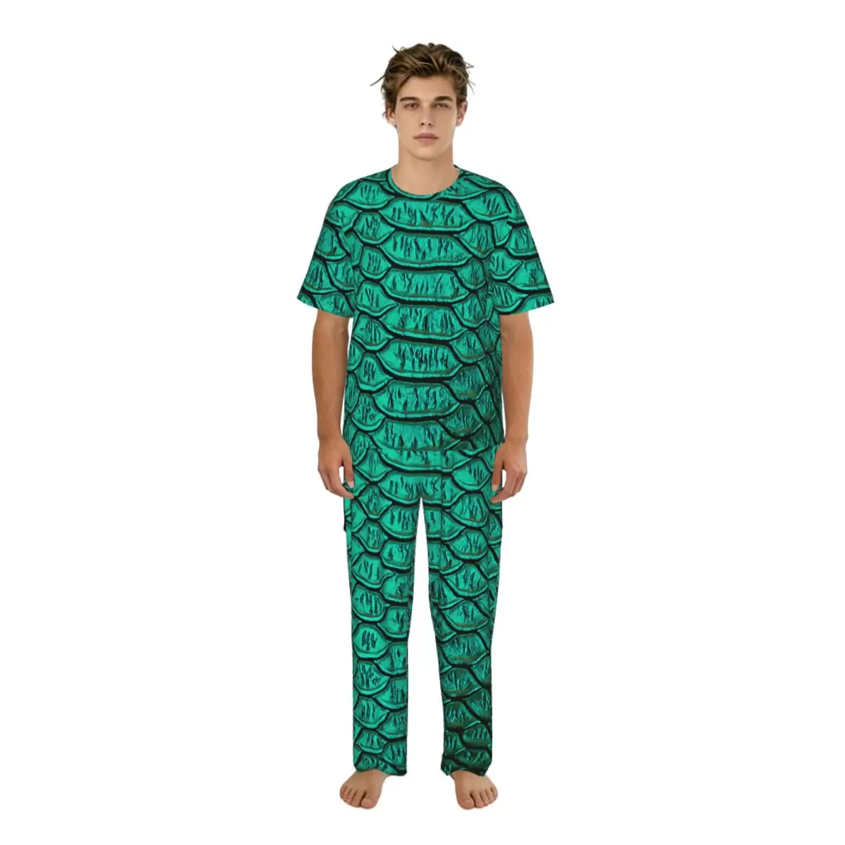 

Sleepwear Summer Spring Home Clothes Green Snake Skin Texture Short Sleeve Long Pant Nightwear