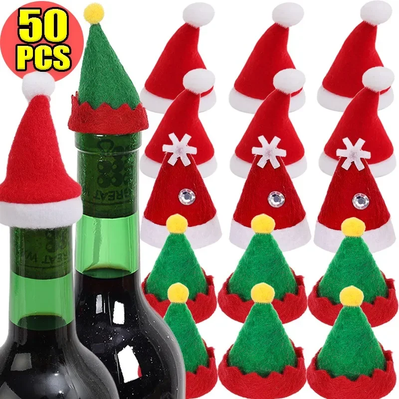 1/50 Uds. Gorro de Papá Noel, cubiertas para botellas de vino, sombrero de piruleta de Navidad, soporte para vajilla, cubierta para botella, tenedor para gorros de fiesta de año nuevo, adornos