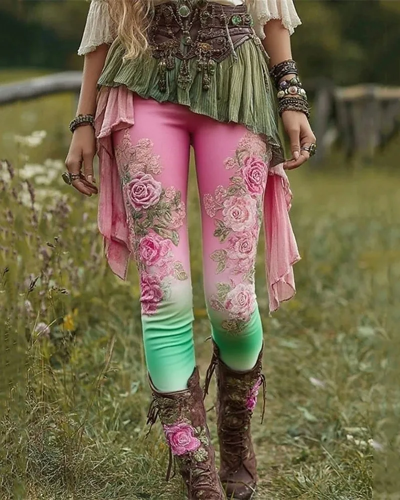 Pantalones de mujer Leggings con estampado de flores Leggings acogedores Casual Boho Longitud completa Cintura elástica Vacaciones en la calle Ropa diaria