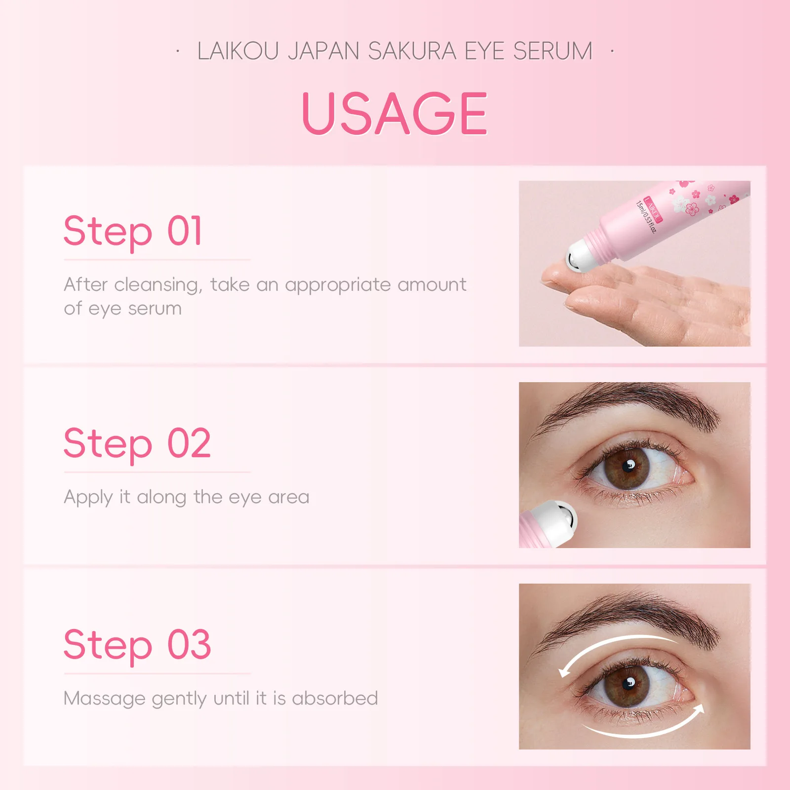 LAIKOU Sakura Eye Serum Roller Massage Hyaluronic Acid Skin Care Eye Bags Cream Moisturizing Dark Circles 15ml image 6