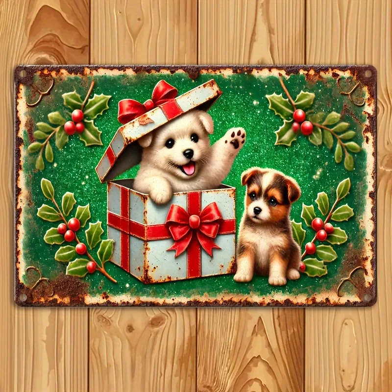 

Vintage Christmas Metal Aluminum Sign, Festive Puppy in Gift Box Wall Art, Rustic Home Living Room, Office Decor, Holiday Gift