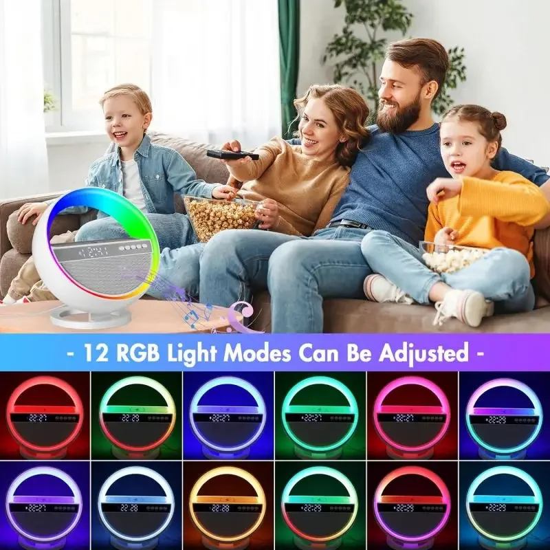 6-in-1 Wireless Charger, Multi-function Bluetooth Speaker, Clock, Alarm Clock FM Radio, Table Lamp, 12-color Ambient Night Light