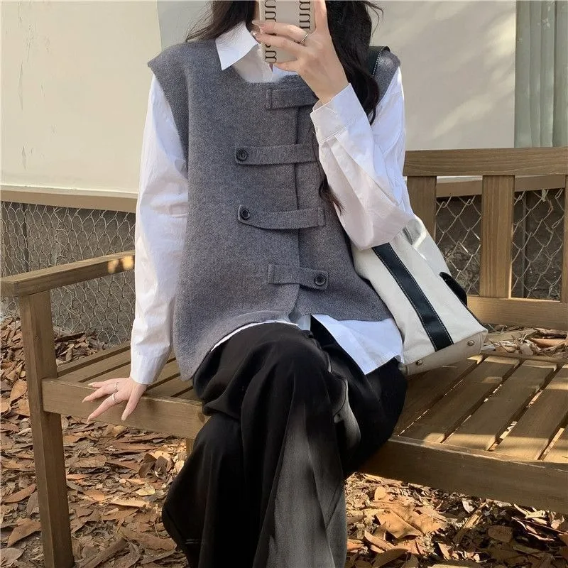 Korean Style Office Lady Casual Temperament Women's 2024 Autumn New Niche Stacked Sleeveless Chic Sweater Vest Top