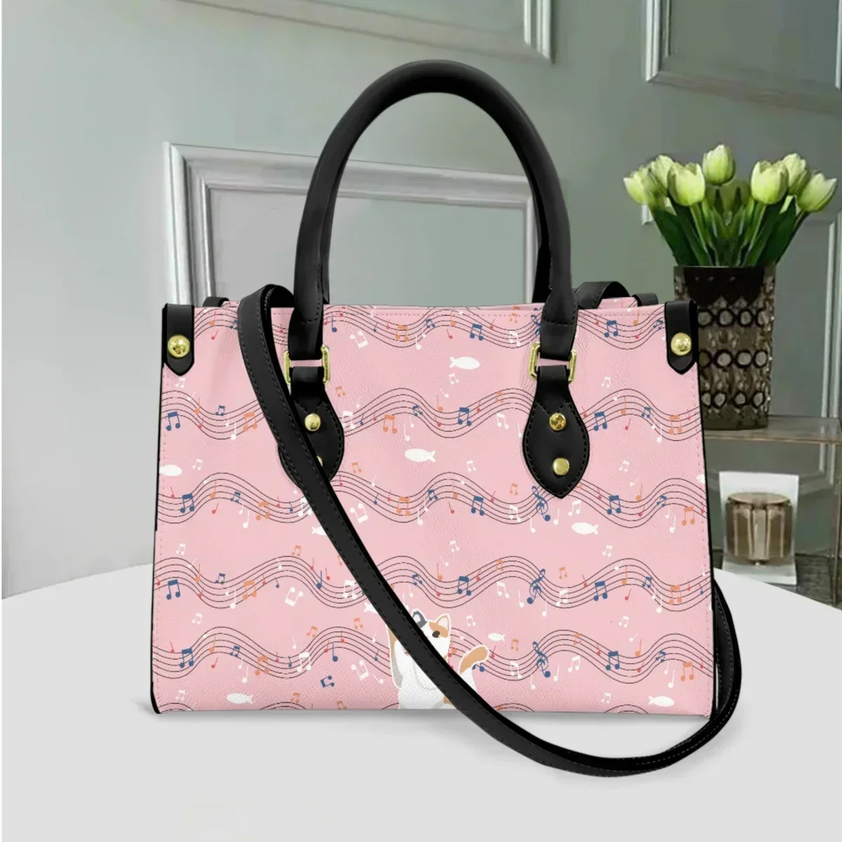 Musical Notation Staff Printed Handbag Cartoon Cat Top-Handle PU Leather Shoulder Bag Ladies Street Trend Fashion Messenger Bag