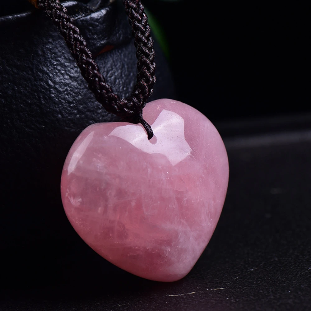 Natural Rose Quartz Heart Shaped Pendant Reiki Healing Pink Crystal Love Accessories Charms Necklace Jewelry